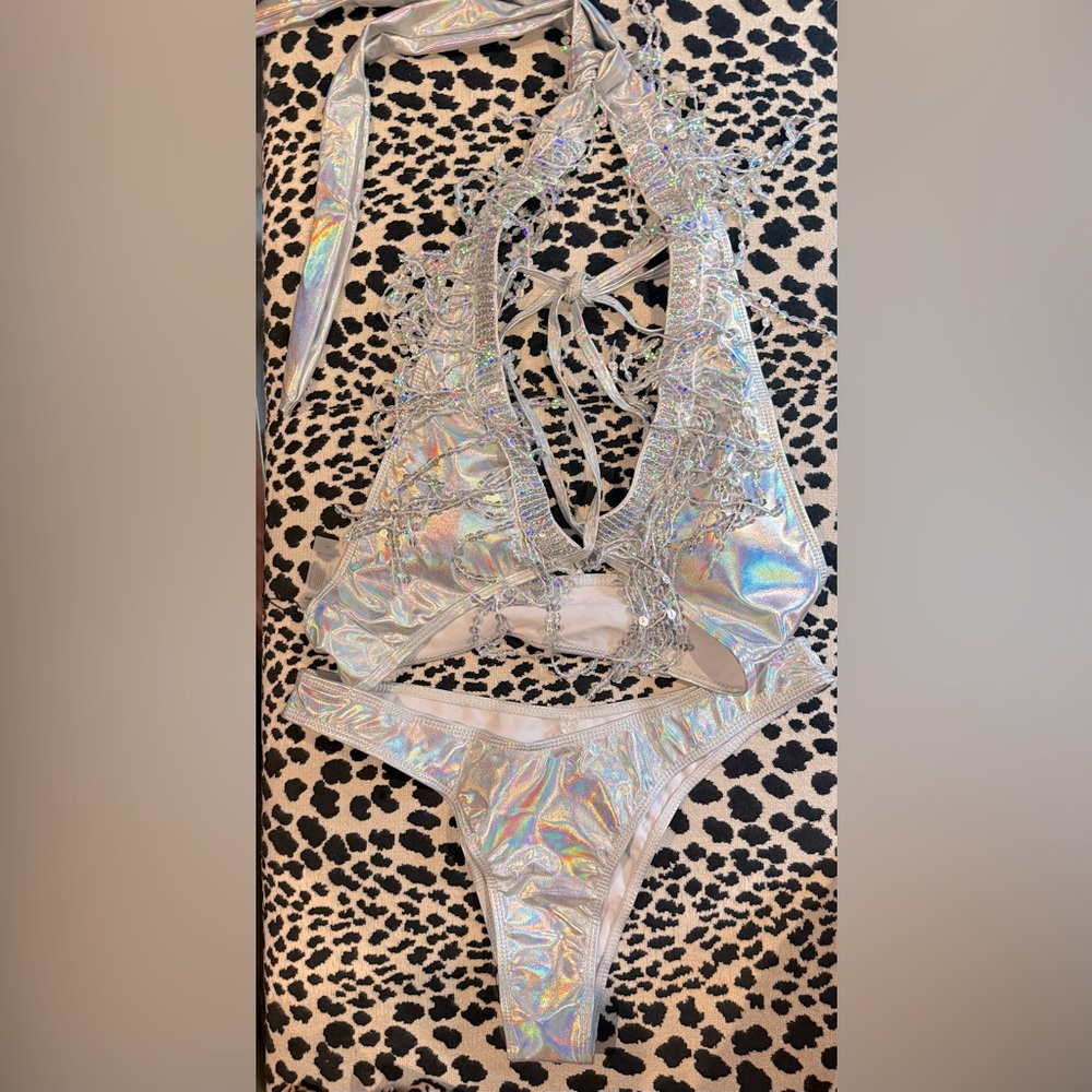 Holographic Sequin Fringe Bikini Set - Festival Ready